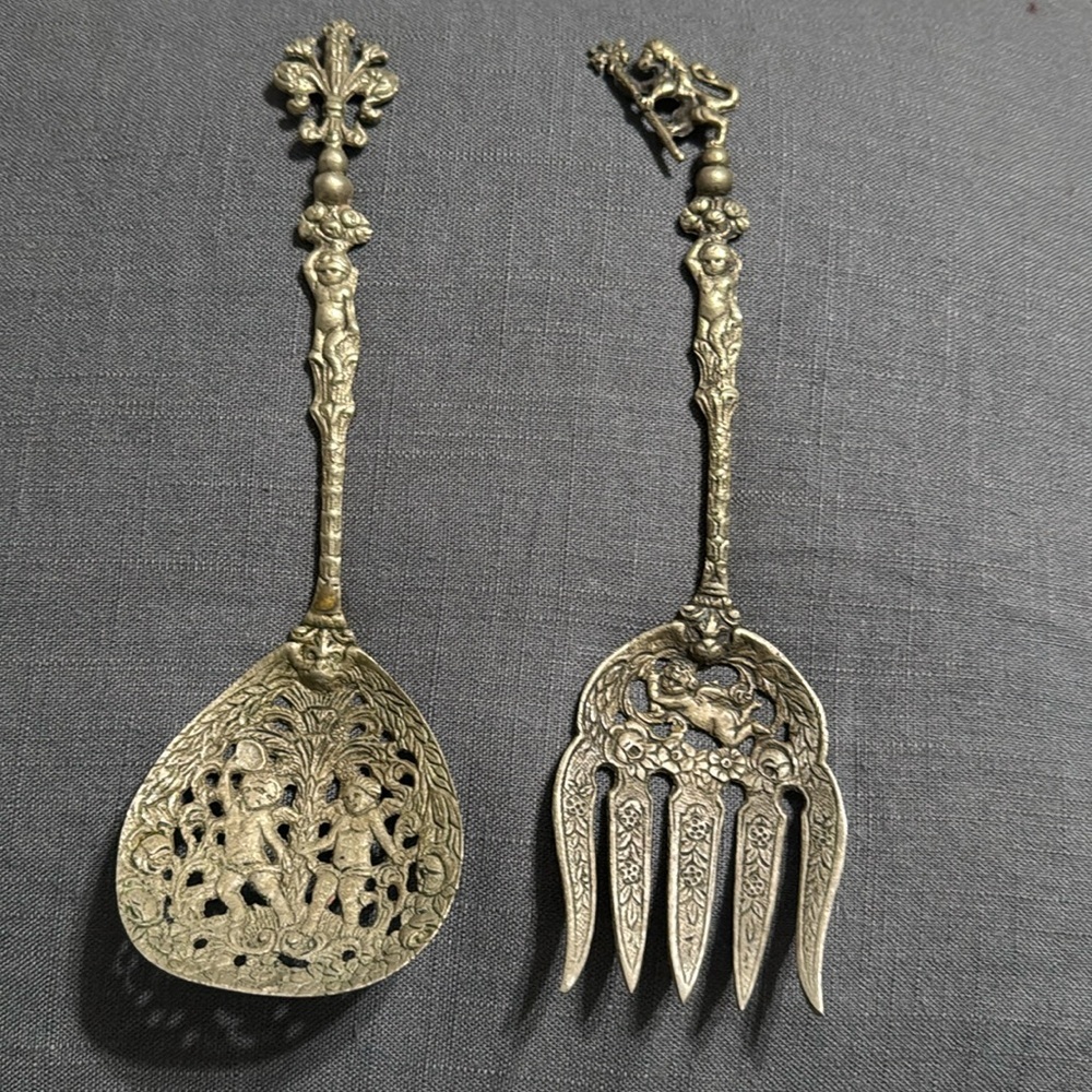 10" Italy‎ Ugo Bellini Vintage Silver Plated Serving Utensils Fork Spoon Brass